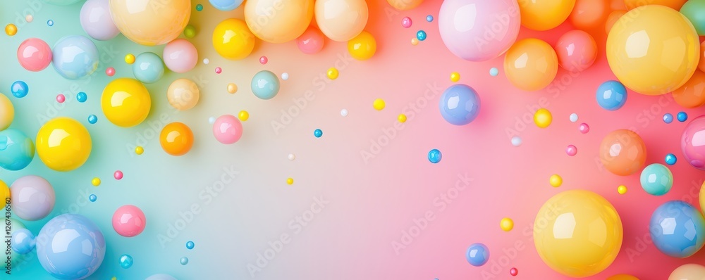 Poster a colorful array of pastel-hued spheres and bubbles set against a soft gradient background, creating