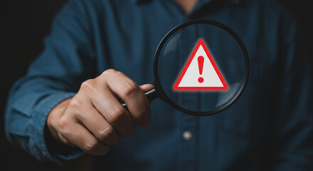 Warning! Risk Detected: Investigating a Threat with Magnifying Glass. Security Alert, Problem Analysis, Attention Needed!