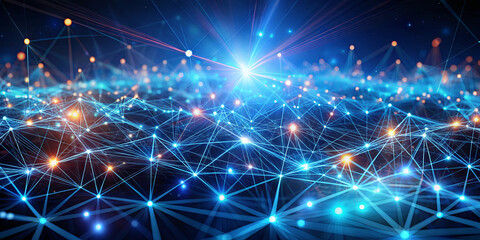 Fototapeta premium Bright, colorful lights form an intricate network pattern, showcasing the complexity of digital connections against a dark background. This visual representation emphasizes technology and data flow