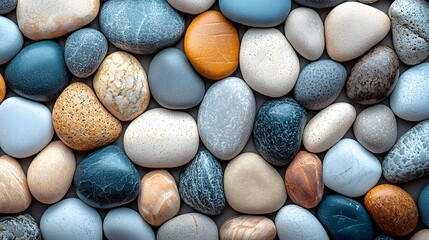 Structured pattern of neutral toned pebbles and stones against a minimalist background creating a modern and elegant architectural or interior design element with soft shadows and ample copy space