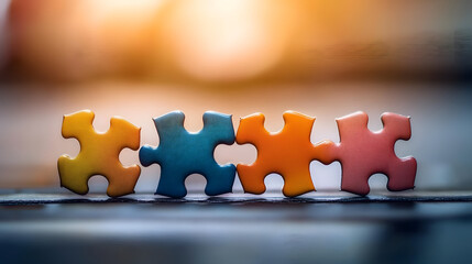 A vibrant arrangement of four puzzle pieces in calming colors, symbolizing connection, unity, and problem-solving set against a soft focus background.