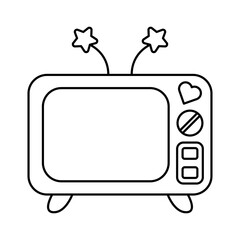 Naklejka premium Cute Retro TV with Antennas and Buttons Vector Outline Illustration. Black and white vector illustration of a retro television with star-shaped antennas and playful buttons.