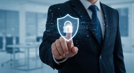 Cybersecurity Protection: Businessman Activating Digital Shield with Lock. Data Security, Privacy & IT Solutions for Business Growth.