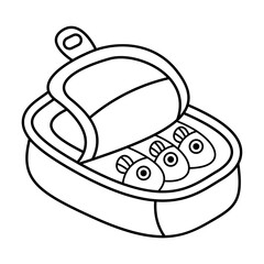 Canned Fish Vector Illustration. Black and white vector illustration of an opened tin can containing three cartoon-style fish. The simple, clean line art depicts the fish with large, round eyes.