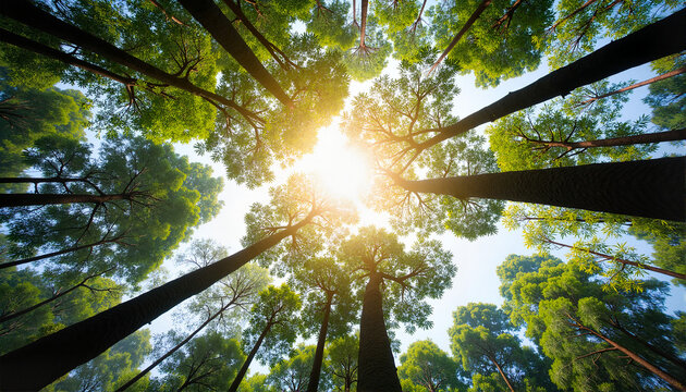 Bottom view of tall trees with sunlight filtering through for nature blogs, websites, environmental awareness, educational materials, and nature-themed designs