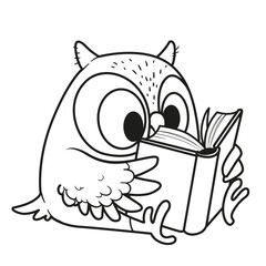 Cute cartoon little owl read a book outlined isolated on white background