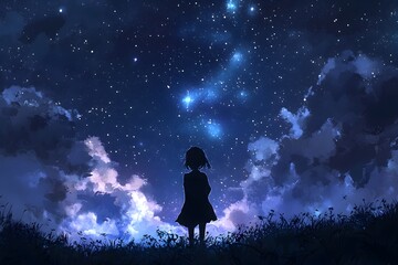 Naklejka premium Beneath a Starry Sky: A solitary figure stands silhouetted against a breathtaking canvas of stars, the vast expanse of the night sky a testament to the universe's grandeur and beauty.