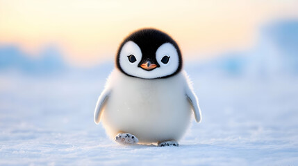 Fototapeta premium Cute baby penguin chick waddling on the snow in Antarctica during a soft golden sunset.