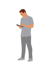 Young doctor, paramedic standing with digital tablet. Handsome Male medical worker in uniform scrub. Cartoon vector realistic illustration isolated on transparent background.