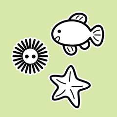 Lineart outline Sea Animal in cute colorful design for kids and education