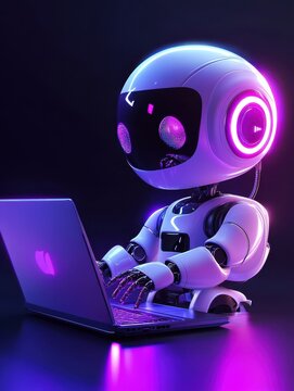 Cute friendly artificial intelligence robot using laptop computer with purple neon glow light, chatbot and AI assistant concept futuristic technology 3d illustration, banner