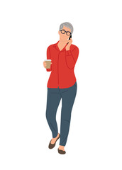 Senior business woman walking, using mobile phone. Casual modern woman holding coffee cup, talking by phone. Female cartoon character Vector realistic illustration isolated on transparent background.