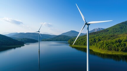 A serene landscape featuring wind turbines by a calm lake, surrounded by lush greenery and mountains under a clear blue sky.
