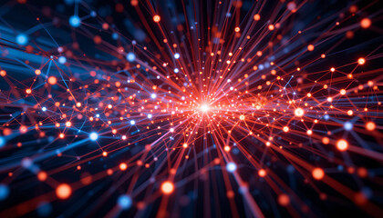 Obraz premium A stunning display of red, blue, and white particles radiates from the center, creating a mesmerizing effect. Light beams intersect and expand in a dark digital atmosphere, evoking a sense of depth