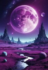 Fototapeta premium Otherworldly Landscape with a Purple Moon, Alien Planet Scenery