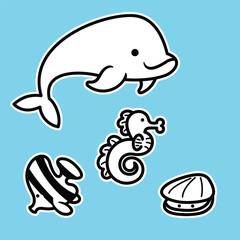 Lineart outline Sea Animal in cute colorful design for kids and education