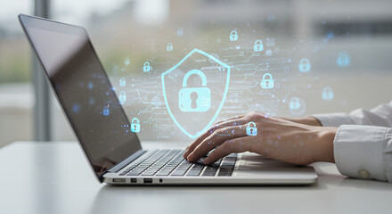 Cybersecurity Shield: Securing Data on Laptop. Digital Protection, Online Safety, Privacy, and Technology Solutions for Business & Personal Use.