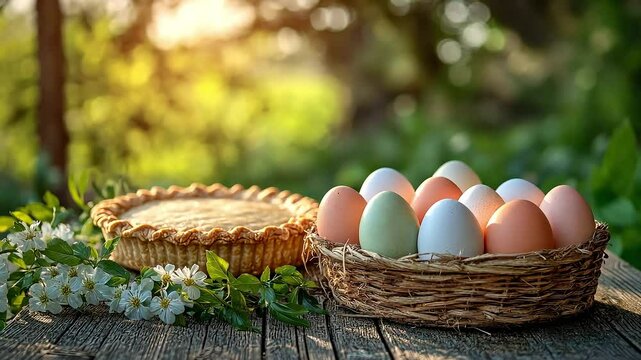 The table is set for Easter, there is a pie and painted eggs on the table. Traditional Easter feast in the open air, a religious family tradition.