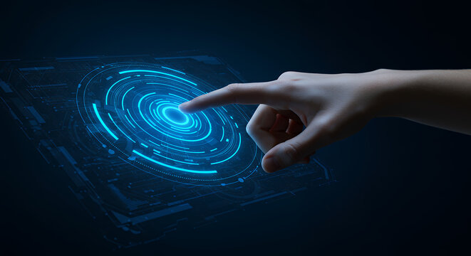 Future Touch: Hand Interacting with Holographic Interface - Technology, Innovation, Connectivity, and Digital Transformation Concept