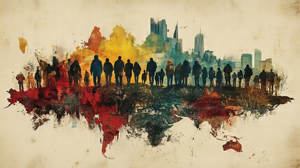 Urban Exodus: A Silhouette of Humanity Against a Cityscape