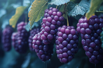 Fototapeta premium Luscious clusters of dark grapes glistening in a gentle rainfall