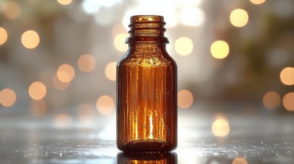 Close-up of a vintage amber glass bottle on a reflective surface with bokeh lights in the background