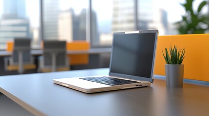 Fototapeta premium A sleek laptop sits on a modern office desk with a small plant, overlooking a cityscape through large windows.