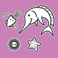 Lineart outline Sea Animal in cute colorful design for kids and education