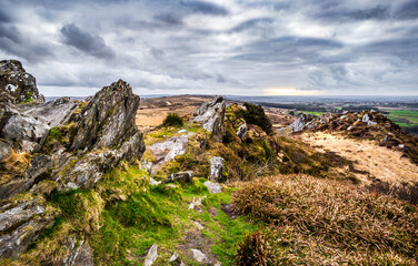 Magnificent panorama of moors and hills from the highest point of Brittany, Roch Trevezel in France