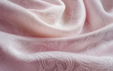 Shimmering pastel pink brocade fabric with embossed floral motifs and gentle drapes perfect for elegant fashion and home decor