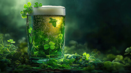 Green beer pint decorated with shamrocks for St. Patrick’s Day on a dark green background