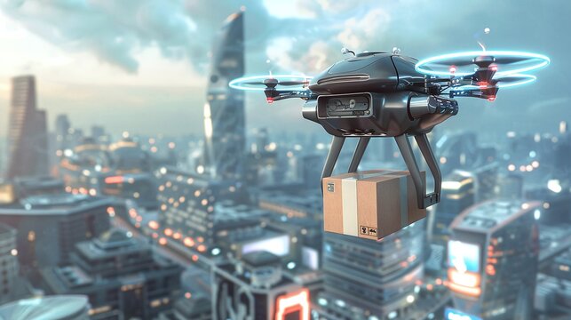 Drone Delivering Package in Futuristic Urban City Skyline  Autonomous Aerial Vehicle Transporting Cargo Over Modern Metropolis with Skyscrapers and Traffic