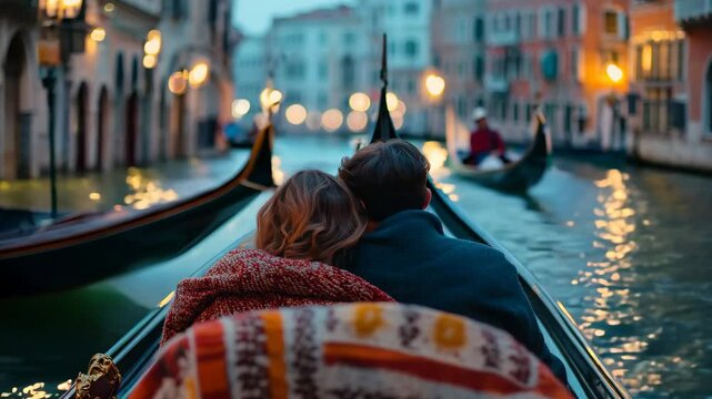romantic couple enjoying a gondola ride in venice italy under warm glowing lights reflecting on the water concept of travel love and dreamy valentine celebration