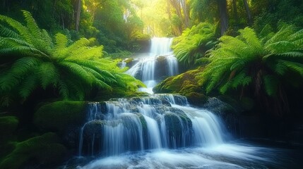 Lush rainforest waterfall cascades, sunlight through canopy, tranquil scene, nature background