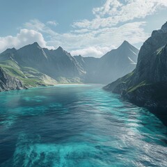 Fototapeta premium Serene fjord landscape with crystal clear water, majestic mountains, and a bright sunny sky.