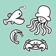 Lineart outline Sea Animal in cute colorful design for kids and education