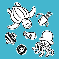 Lineart outline Sea Animal in cute colorful design for kids and education