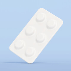 Cartoon blister pack isolated on blue background. 3D illustration