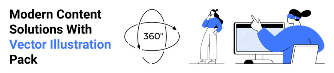Orbiting arrows represent a 360-degree concept beside people collaborating using a desktop screen and mobile. Ideal for technology, design, teamwork, collaboration, innovation, creativity