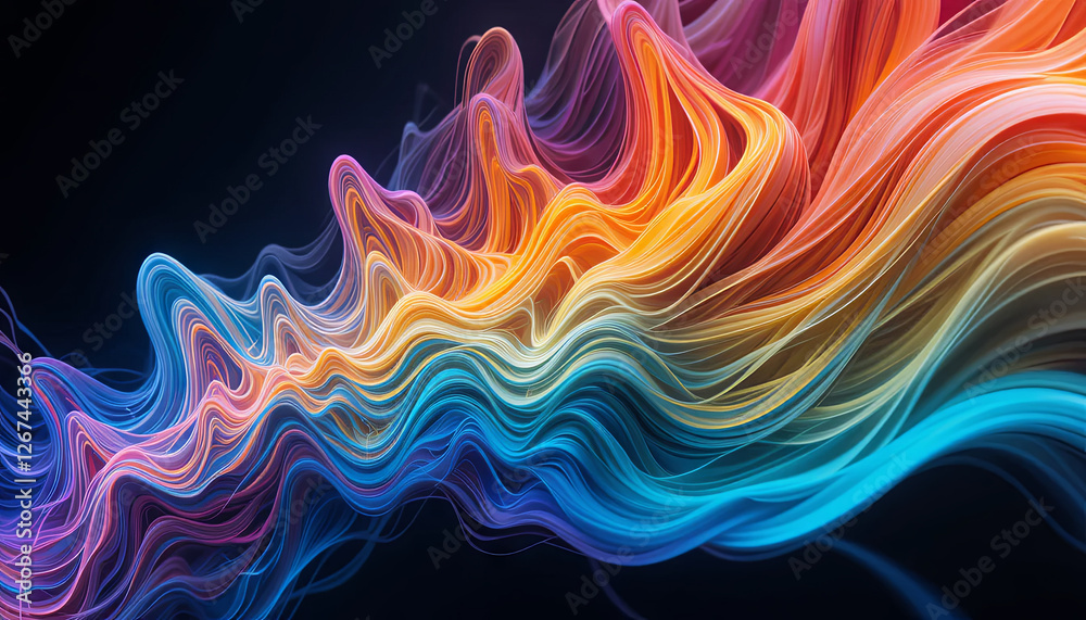 Poster vibrant waves in various colors intertwine and flow across a dark background, creating an enchanting