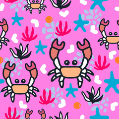 Cute seamless pattern with crab, starfish and heart. funny crab pattern.