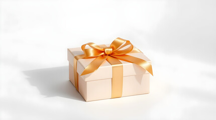 Obraz premium Elegant beige gift box wrapped with golden ribbon on white background