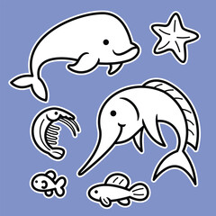 Lineart outline Sea Animal in cute colorful design for kids and education