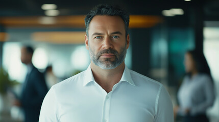 Obraz premium Dynamic sales executive in a crisp white shirt, standing in a busy corporate office with blurred coworkers in the background