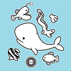 Lineart outline Sea Animal in cute colorful design for kids and education