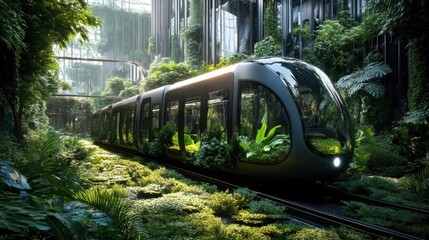 Futuristic Train Traveling Through Lush Green Urban Jungle Landscape