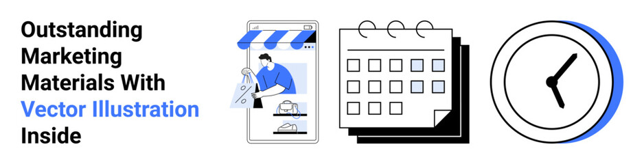 Online storefront with products, calendar for planning, and clock for time tracking. Ideal for marketing, scheduling, productivity, business operations, time management, e-commerce flat landing page