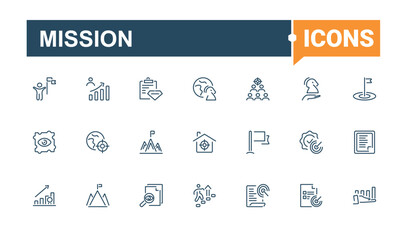 Mission line icon. It contains symbols to presentation, objective, enterprise, flag, success, new horizons, rocket, achieve. Collection for mobile and web apps. Editable stroke.