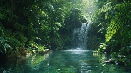 Fototapeta premium Lush jungle waterfall pool, serene nature scene, background foliage, travel brochure