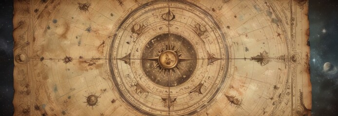 Naklejka premium Retro celestial map on vintage paper with stylized stars and moons, illustration, space, galaxy